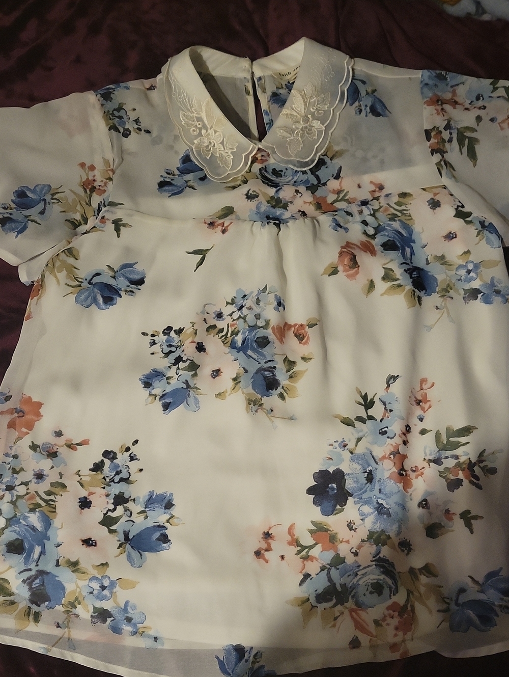 Faith and Joy Cream Blouse with Blue Floral Print and Embroidered Collar
